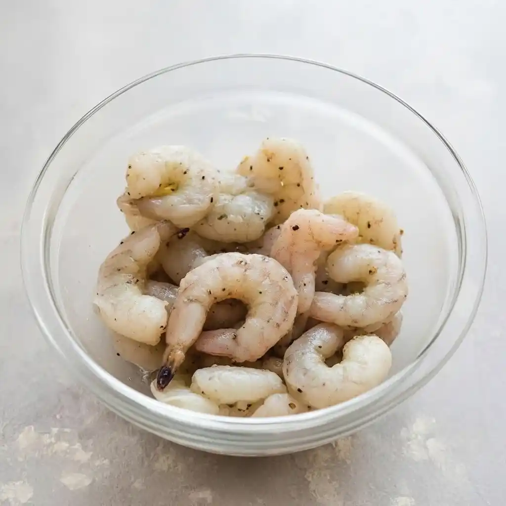 Raw shrimp seasoned with salt, pepper, and cornstarch in a glass bowl
