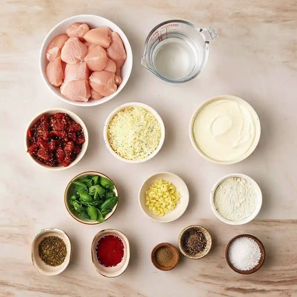 Bowls of chicken, parmesan, cream, garlic, basil, sun dried tomatoes, and spices on a kitchen counter