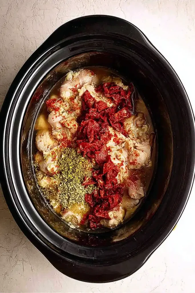 Uncooked chicken breasts with sun dried tomatoes and oregano in crock pot