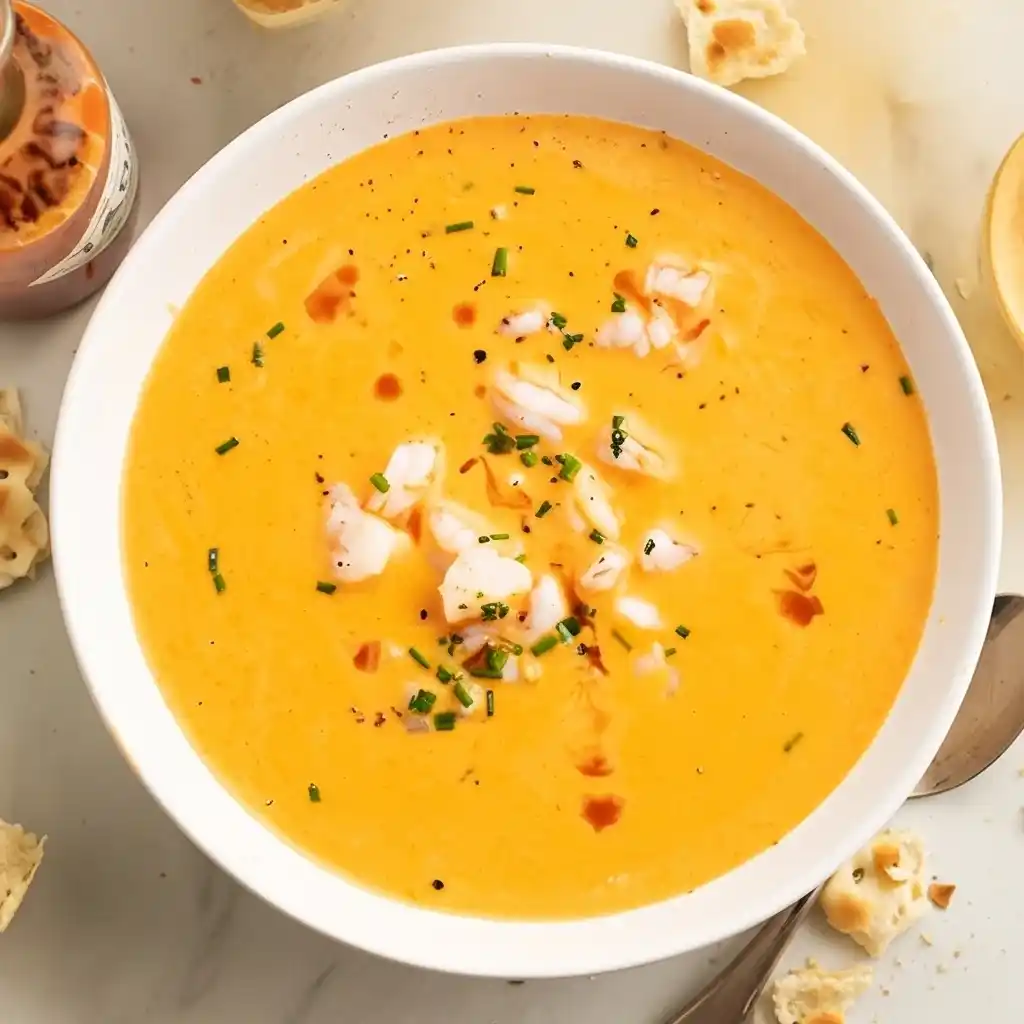 Cajun Shrimp Bisque – steaming bowl with toasted bread beside it, warm color tones.
