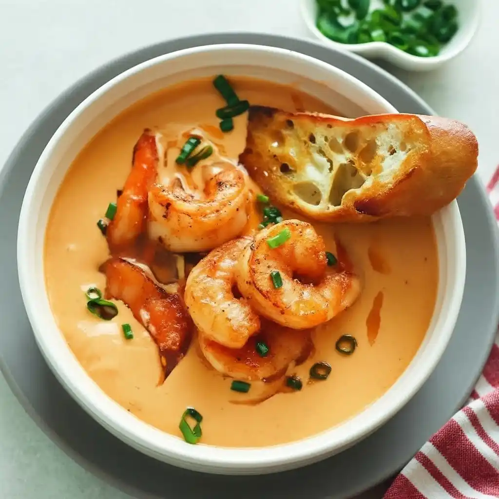 Classic Shrimp Bisque – creamy orange bisque in a white bowl with chives and a drizzle of cream.