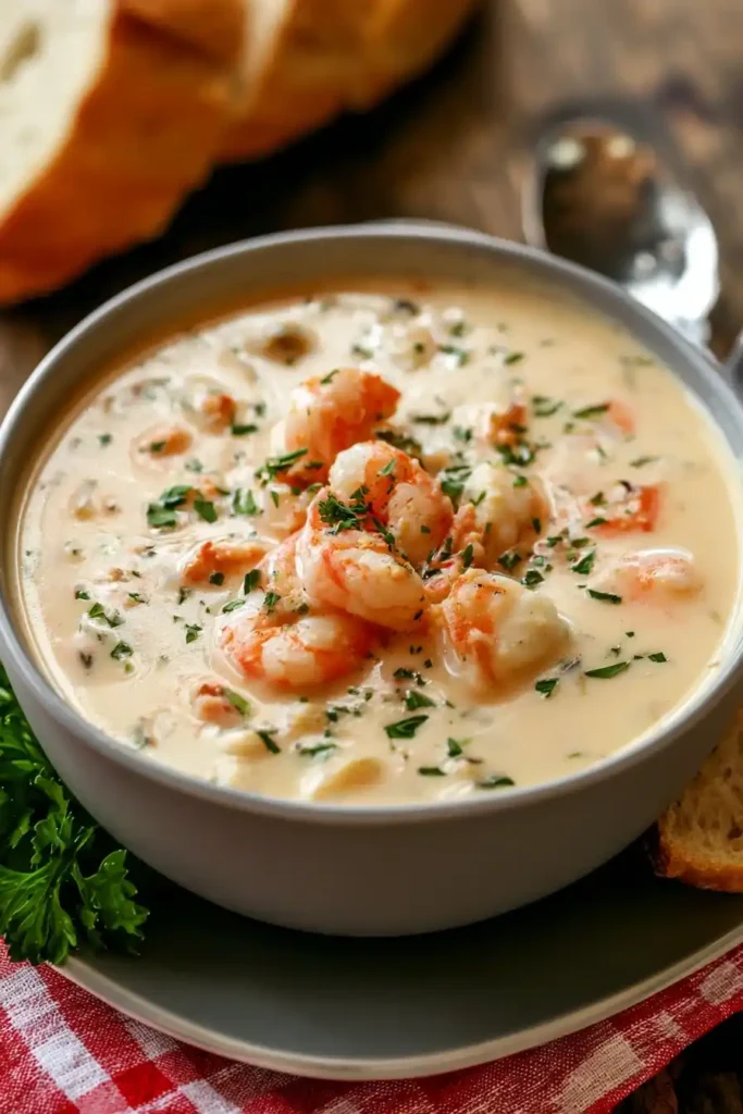 Crab and Shrimp Seafood Bisque served with bread and herbs on a table.