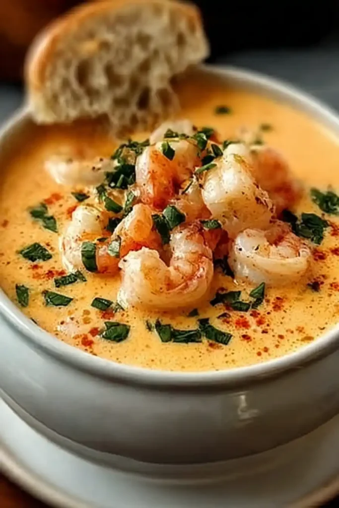 Crab and Shrimp Seafood Bisque simmering in a pot with herbs and shrimp.