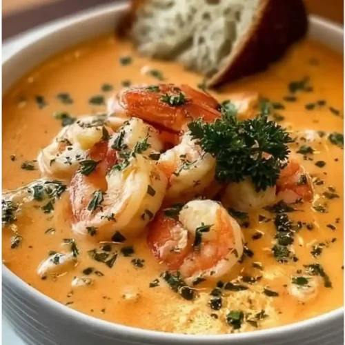 Crab and Shrimp Seafood Bisque served in a bowl with shrimp, crab, and herbs.