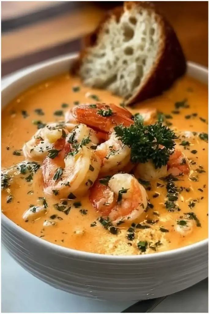 Crab and Shrimp Seafood Bisque served in a bowl with shrimp, crab, and herbs.