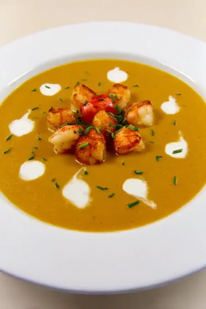 Lobster and Shrimp Bisque – elegant white bowl with lobster claw garnish, soft candle-lit background.