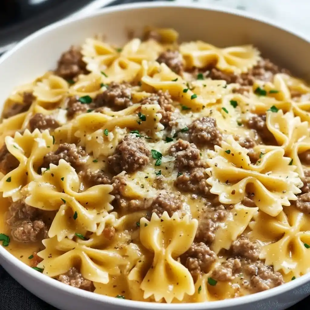 Creamy Parmesan Garlic Beef Bowtie Pasta