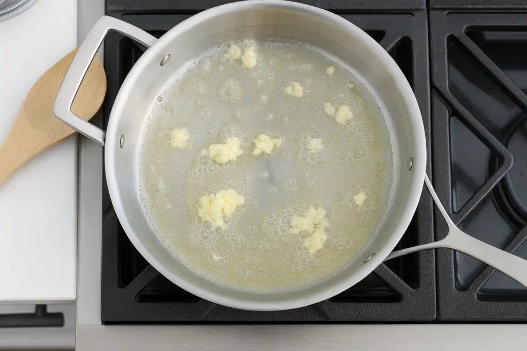 Garlic sautéing in butter for creamy shrimp scampi pasta