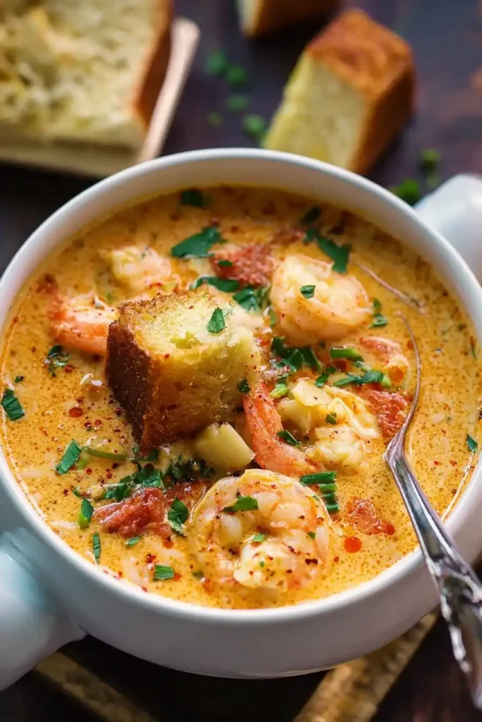 Crockpot Seafood Bisque – ladle lifting creamy bisque from slow cooker, steam rising.