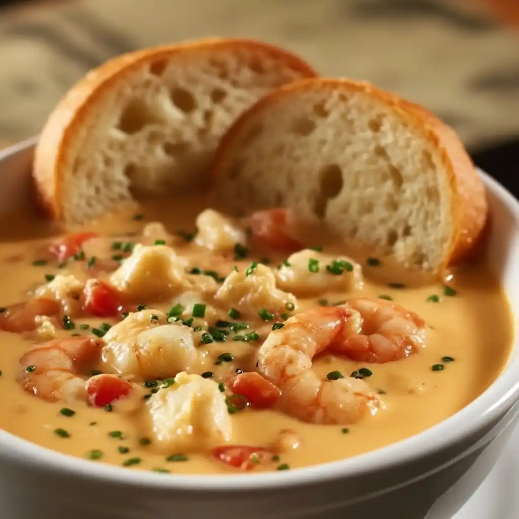 Crab and Shrimp Bisque – elegant bowl with herbs sprinkled on top, soft lighting.