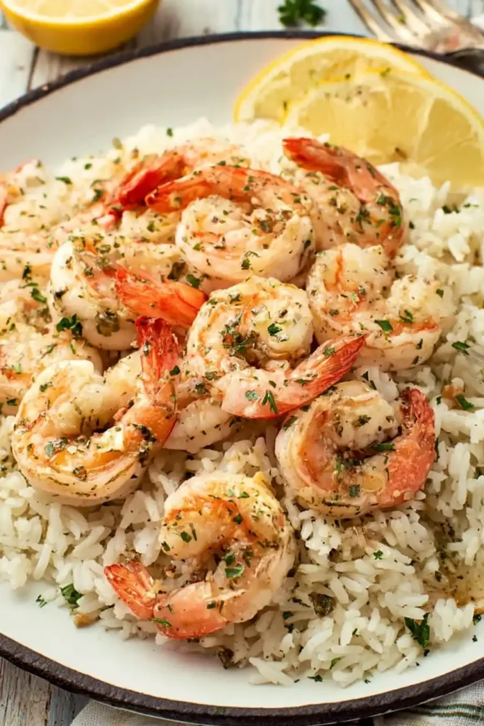 Garlic Butter Shrimp Scampi served over white rice