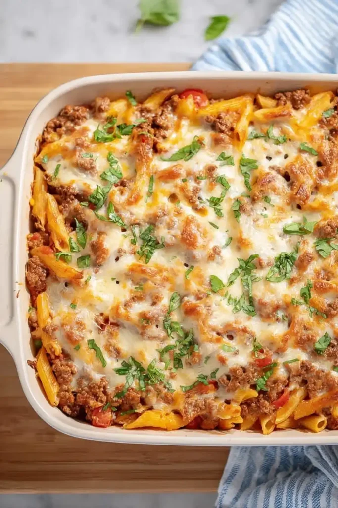 Ground Beef Pasta Bake with Mozzarella  Easy Family Dinner Recipe