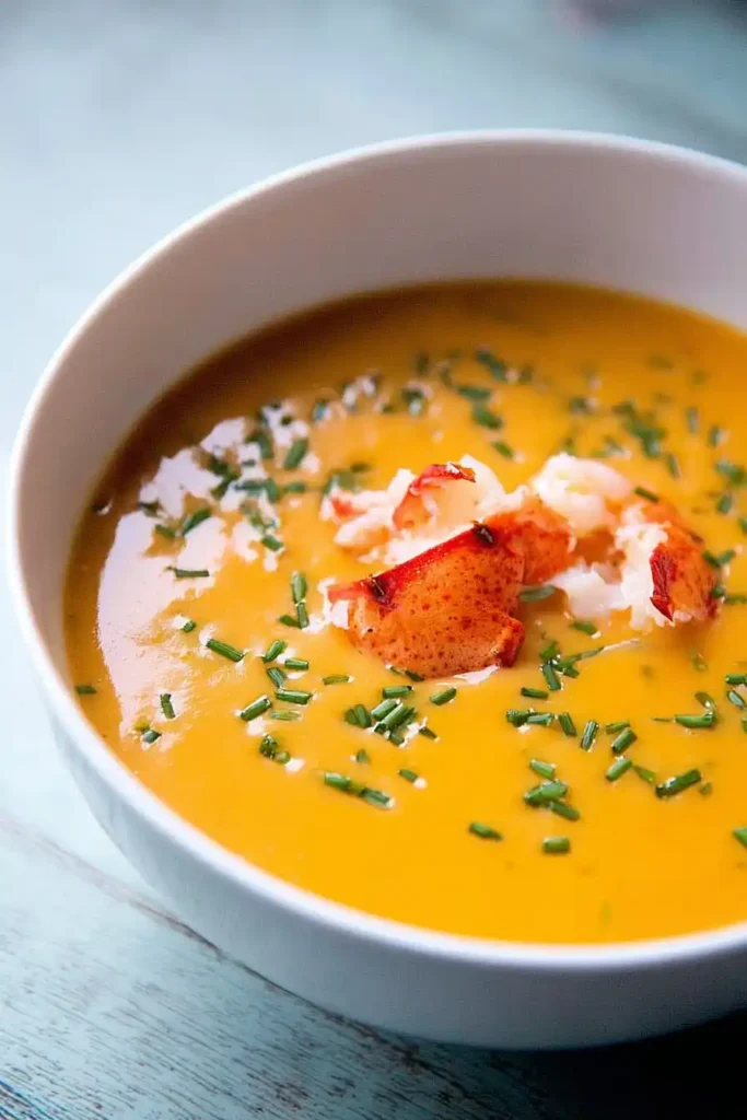 A white plate filled with creamy lobster and shrimp bisque topped with shrimp and chives, drizzled with coconut cream. A light and flavorful seafood soup for cozy dinners.