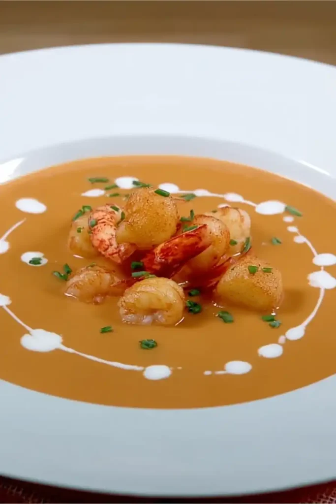 A white plate filled with creamy lobster and shrimp bisque topped with shrimp and chives, drizzled with coconut cream. A light and flavorful seafood soup for cozy dinners.