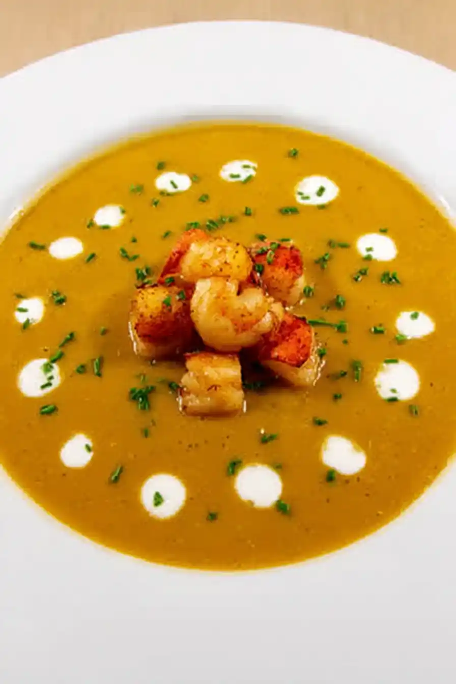 A bowl of lobster and shrimp bisque garnished with fresh herbs. Creamy, dairy-free seafood soup made with coconut milk, perfect for dinner.