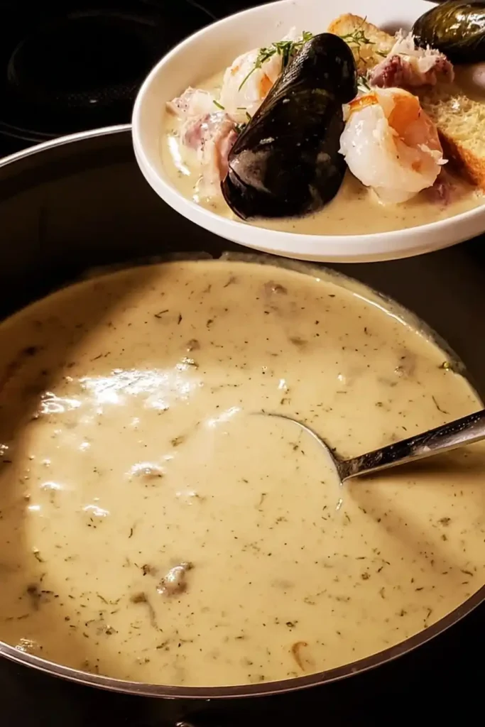 Bowl of Seafood Chowder Bisque Fusion served with bread