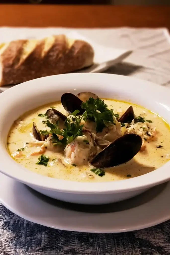 Stirring creamy seafood chowder bisque broth