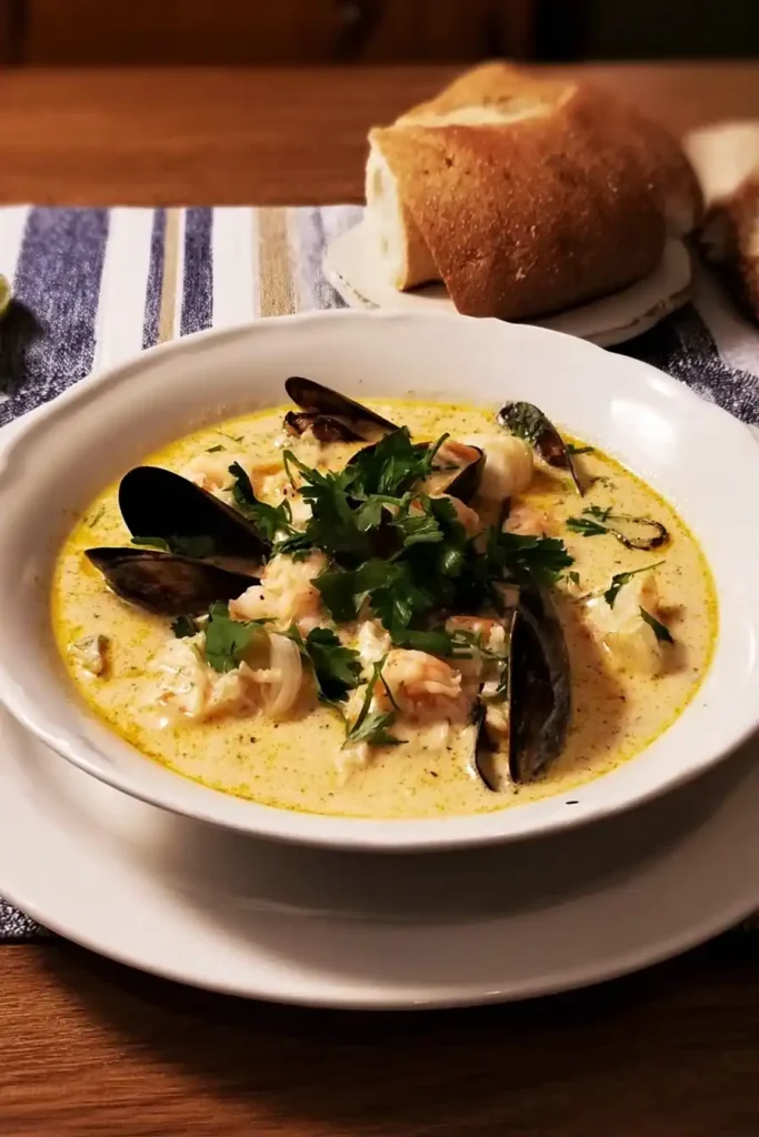 Seafood Chowder Bisque Fusion served with shrimp, mussels, and herbs