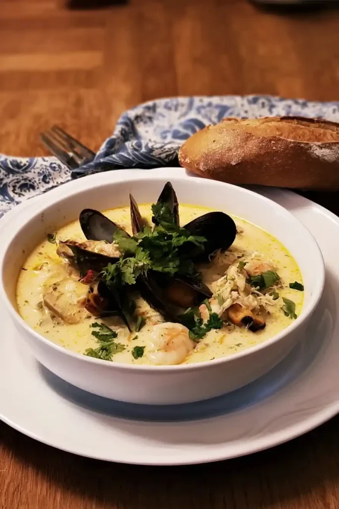 Seafood Chowder Bisque Fusion – rustic bowl filled with shrimp, corn, and potatoes, served with cornbread.