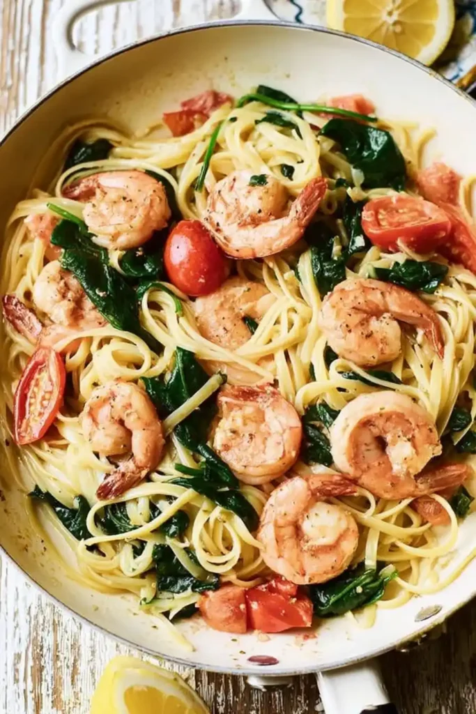 Shrimp scampi with spinach and cherry tomatoes