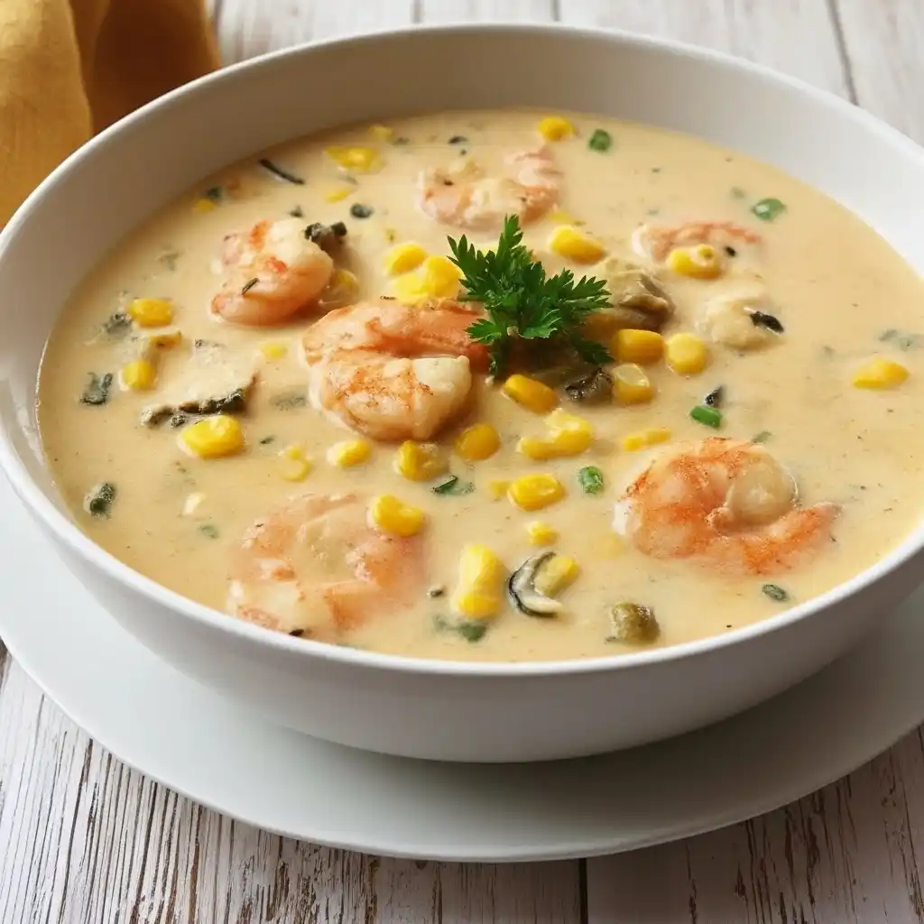 Shrimp and Corn Bisque – creamy golden bisque in a rustic bowl topped with shrimp and parsley.