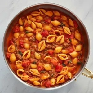 adding cooked pasta shells to cherry tomato beef sauce
