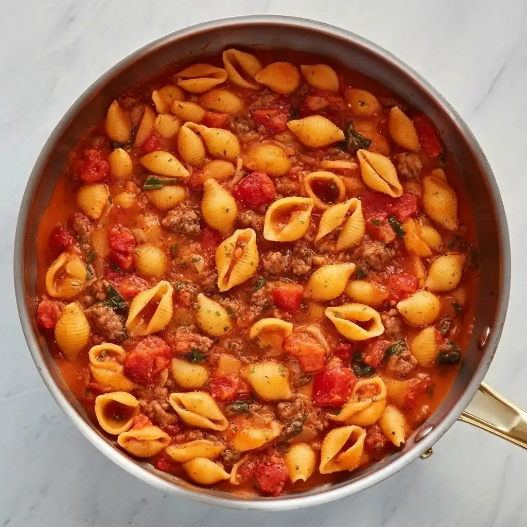 adding cooked pasta shells to cherry tomato beef sauce