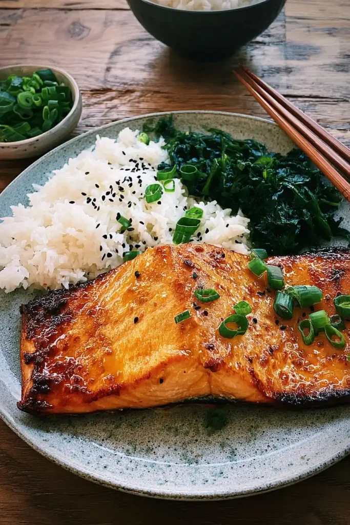 Crispy air fryer miso salmon on a plate