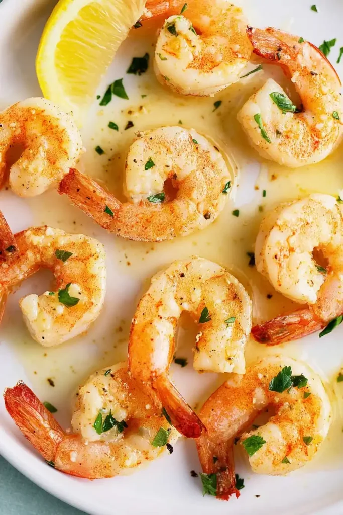 Air Fryer Shrimp Scampi served over rice with lemon wedges