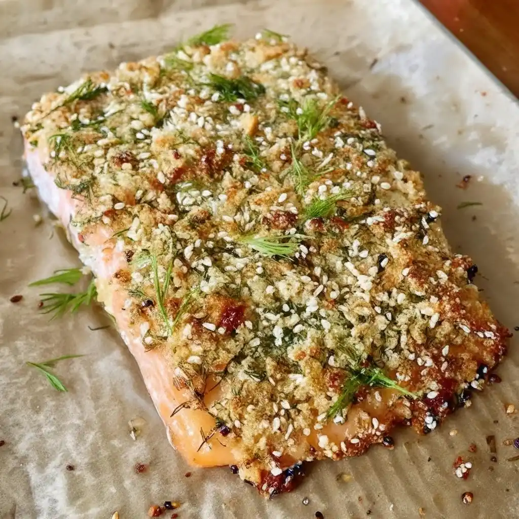 Baked Garlic Parmesan Salmon with golden parmesan crust on tray
