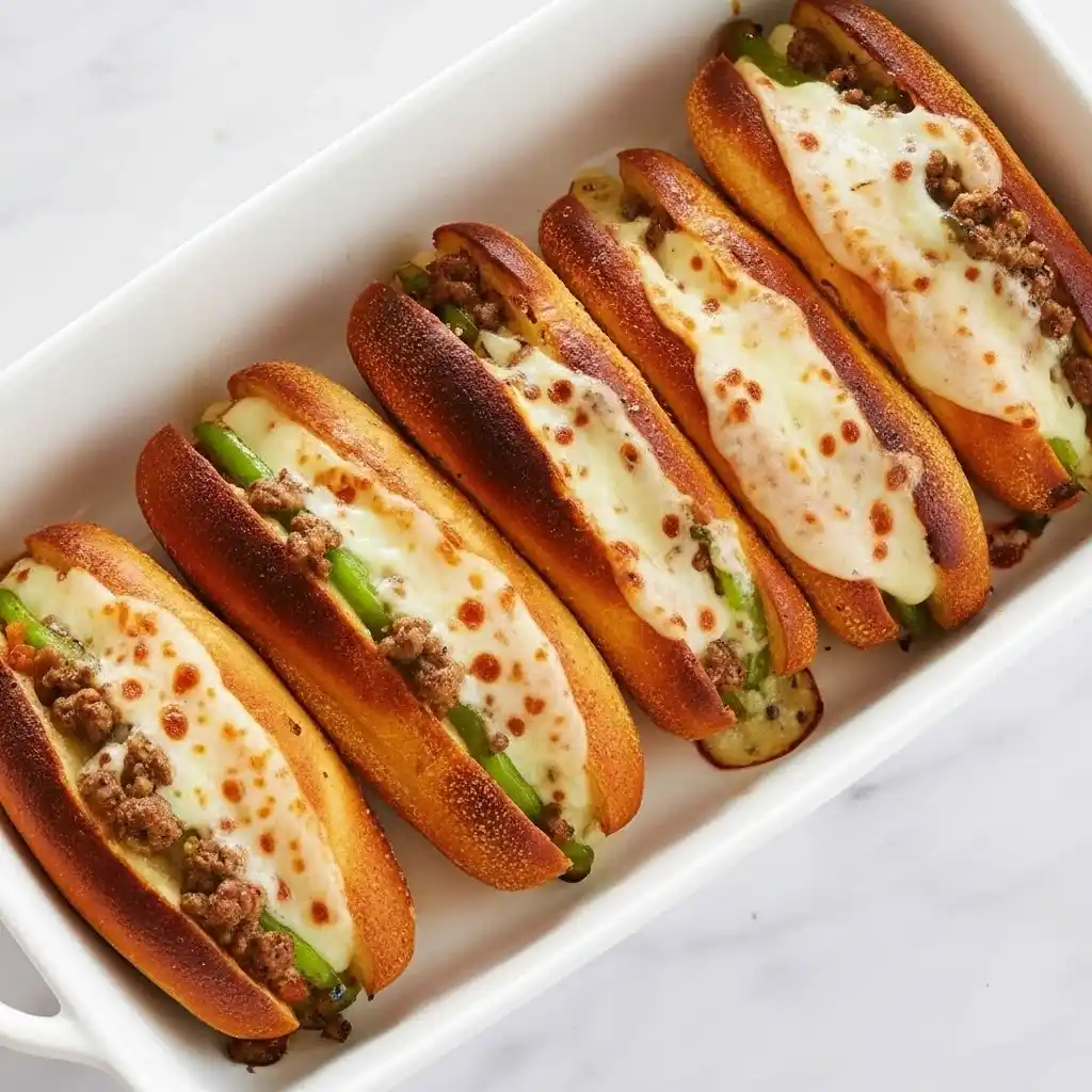 Baked ground beef Philly cheesesteaks with melted cheese in casserole dish