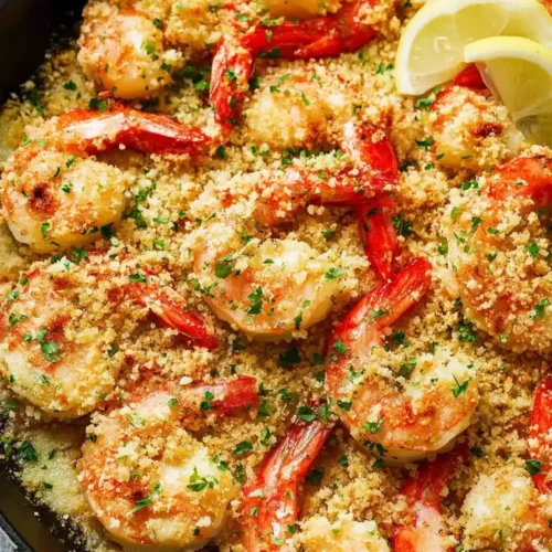 Baked shrimp scampi with breadcrumb baked in garlic butter