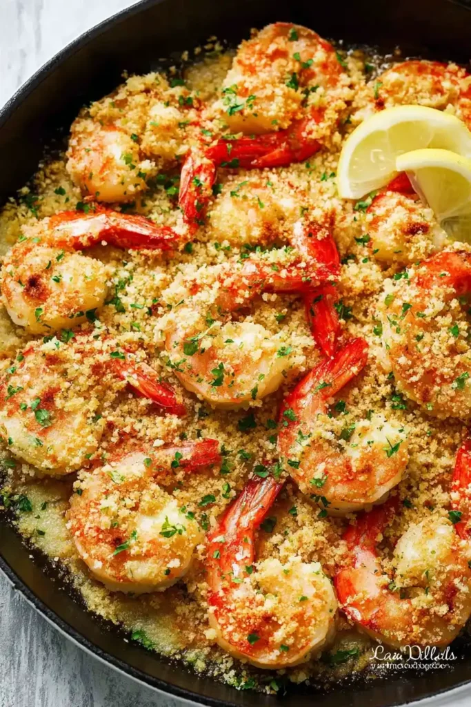 Baked shrimp scampi with breadcrumb baked in garlic butter