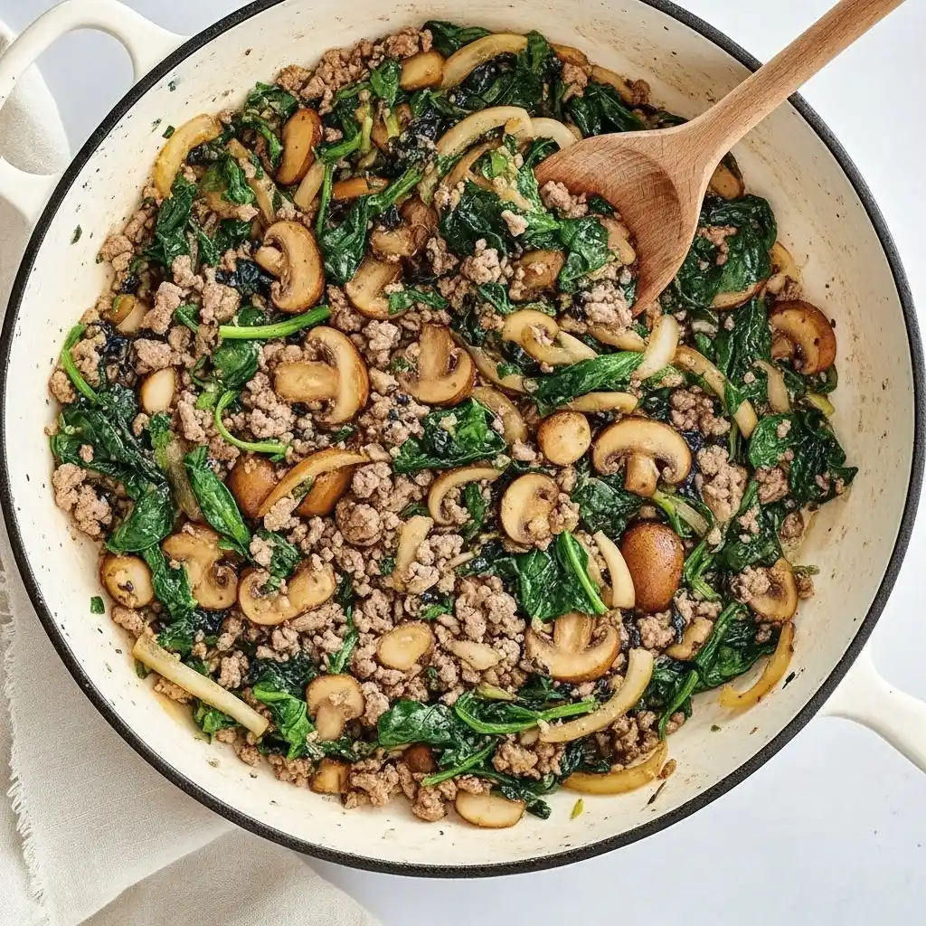 Ground beef and spinach simmering with mushrooms in one pot