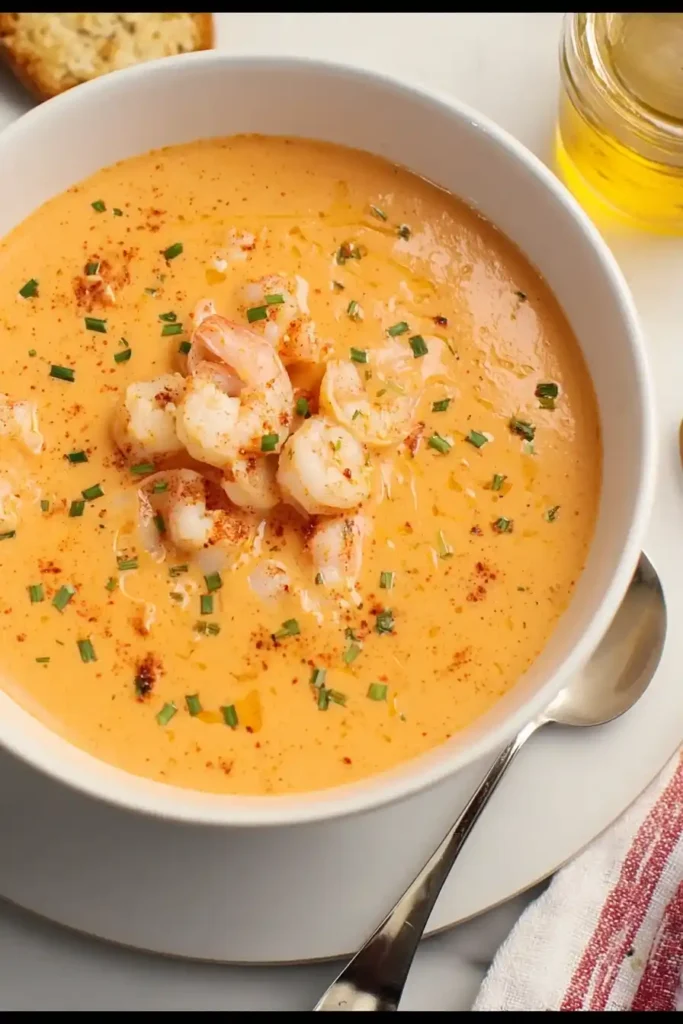 Cajun Shrimp Bisque close-up with shrimp and creamy broth