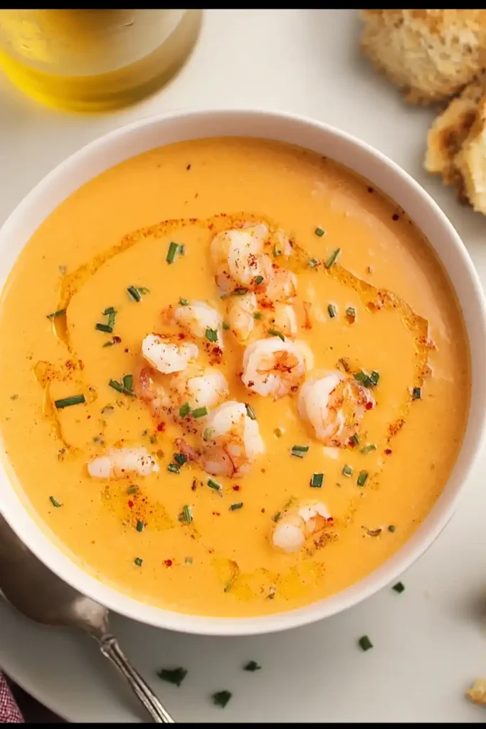 Cajun Shrimp Bisque in white bowl topped with shrimp and chives