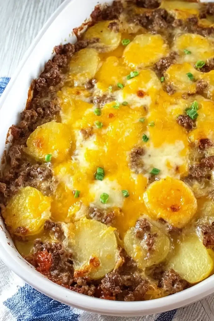 A serving of Cheesy Ground Beef and Potato Casserole on a plate topped with chopped herbs