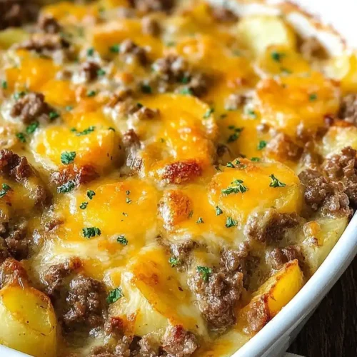 Freshly baked Cheesy Ground Beef and Potato Casserole in white dish with golden cheese topping