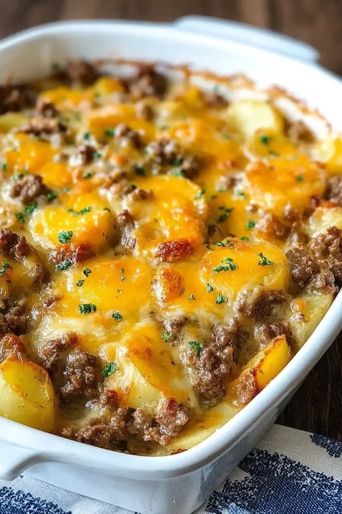 Freshly baked Cheesy Ground Beef and Potato Casserole in white dish with golden cheese topping