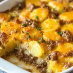 Cheesy Ground Beef and Potato Casserole baked with golden potatoes and melted cheddar