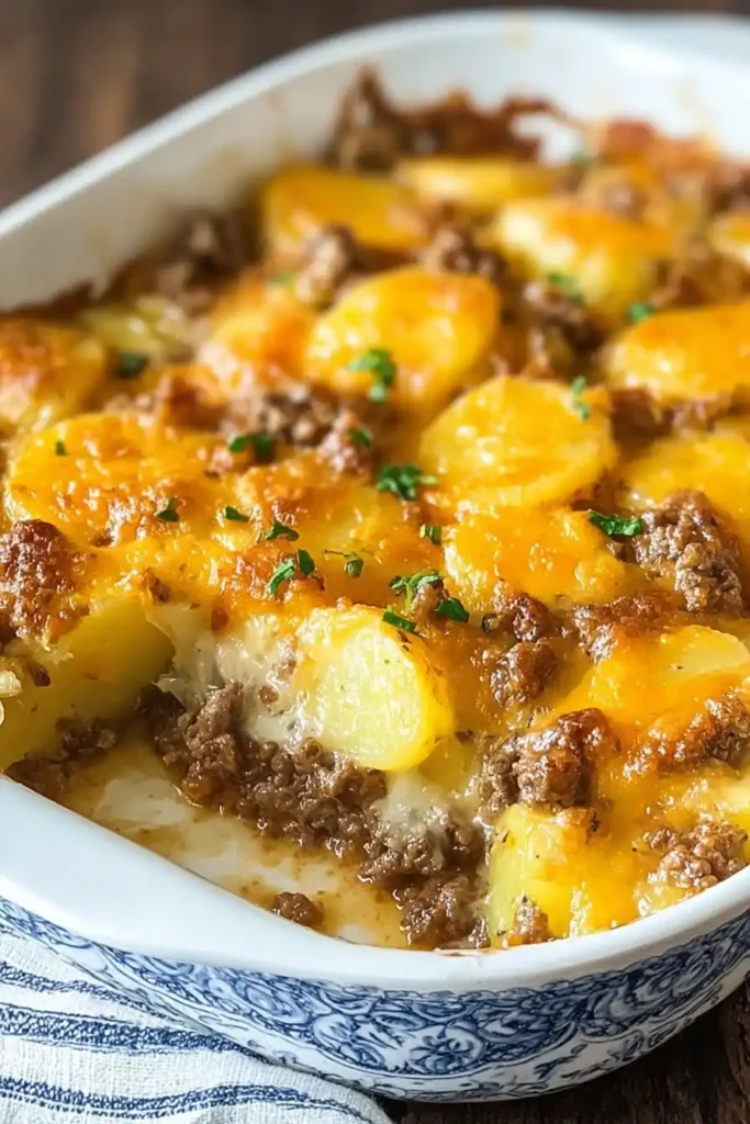 Cheesy Ground Beef and Potato Casserole baked with golden potatoes and melted cheddar