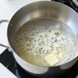 Chopped onions cooking in butter in a saucepan as the flavor base for cheesy hamburger rice casserole.