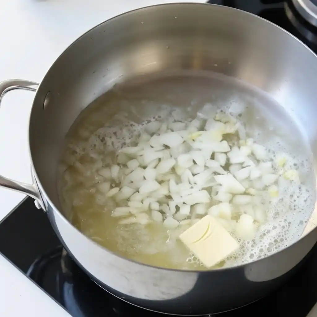 Chopped onions cooking in butter in a saucepan as the flavor base for cheesy hamburger rice casserole.