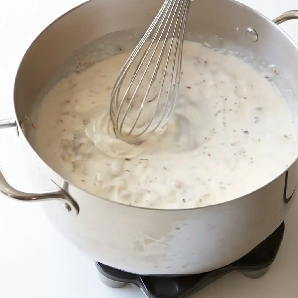 Whisking creamy mushroom sauce in a pot for a homemade hamburger rice casserole base.