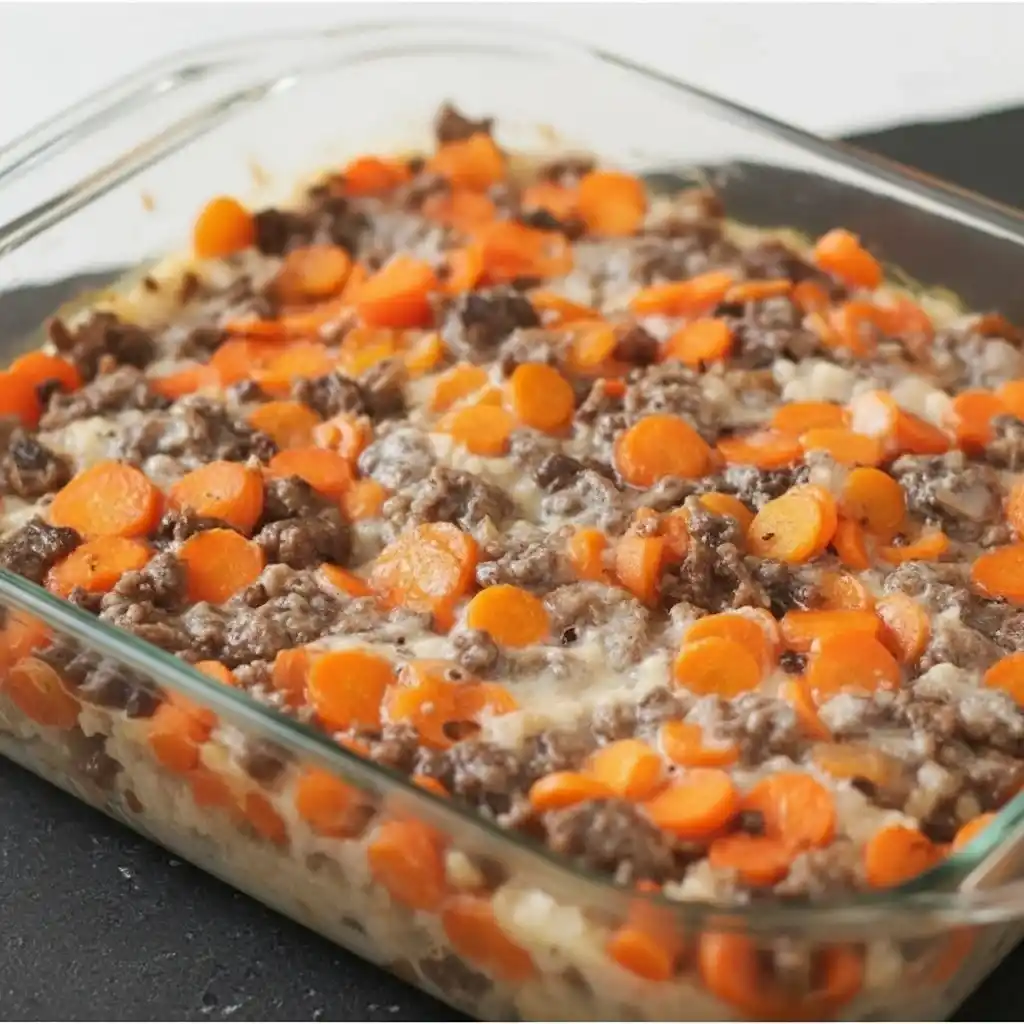 baked cheesy hamburger rice casserole with beef, carrots, and cream sauce in a glass baking dish.