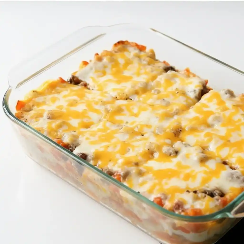Golden baked cheesy hamburger rice casserole with melted cheddar and carrots in a glass dish.