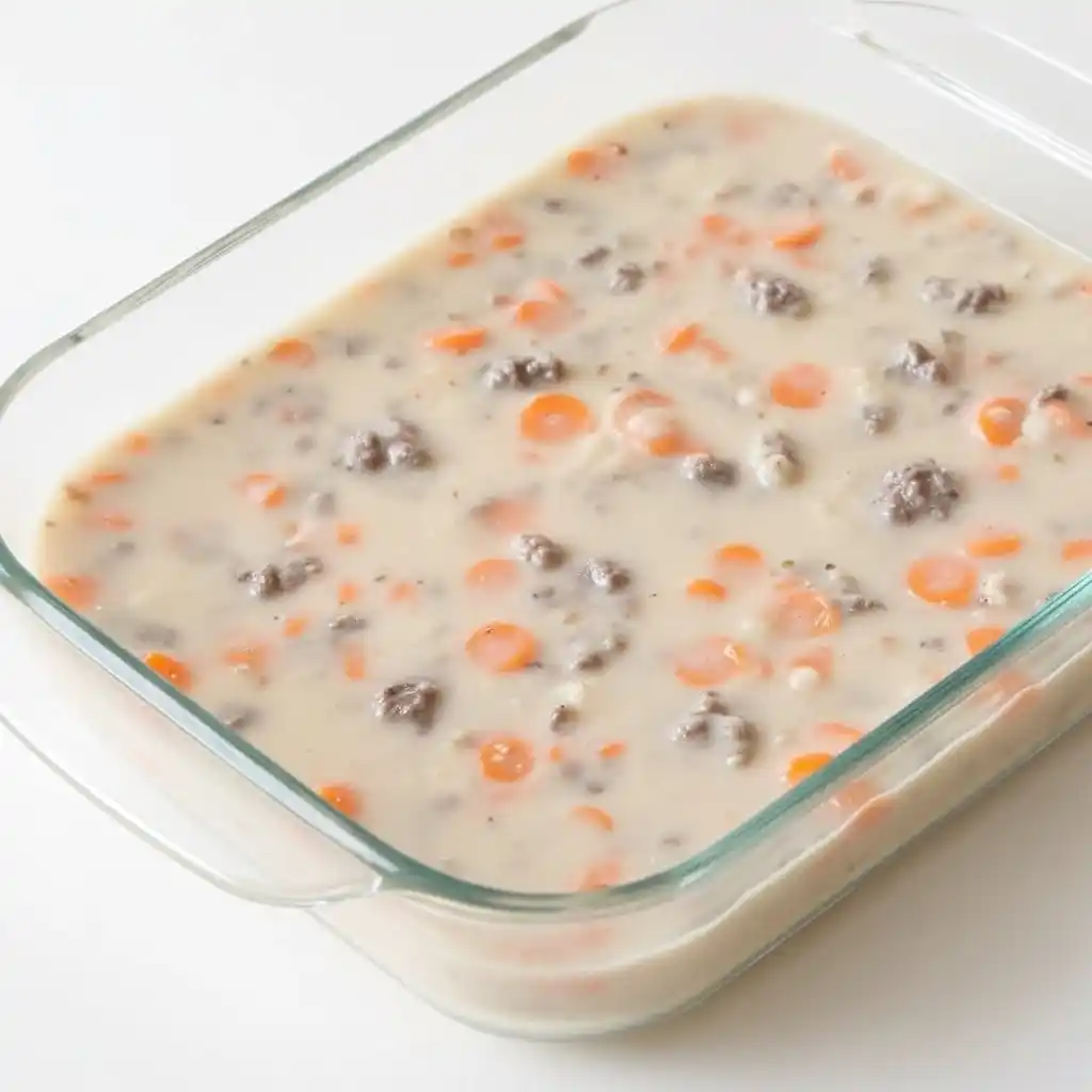 Unbaked cheesy hamburger rice casserole with beef, carrots, and cream sauce in a glass baking dish.