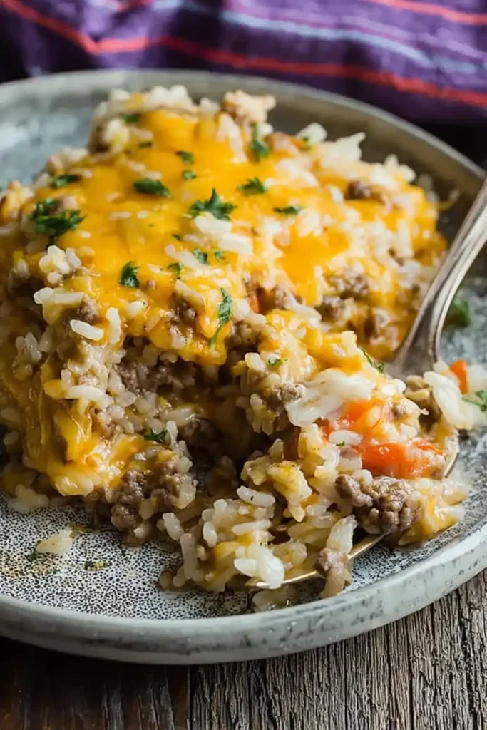 A serving of cheesy hamburger rice casserole on a gray plate topped with golden melted cheese and parsley.