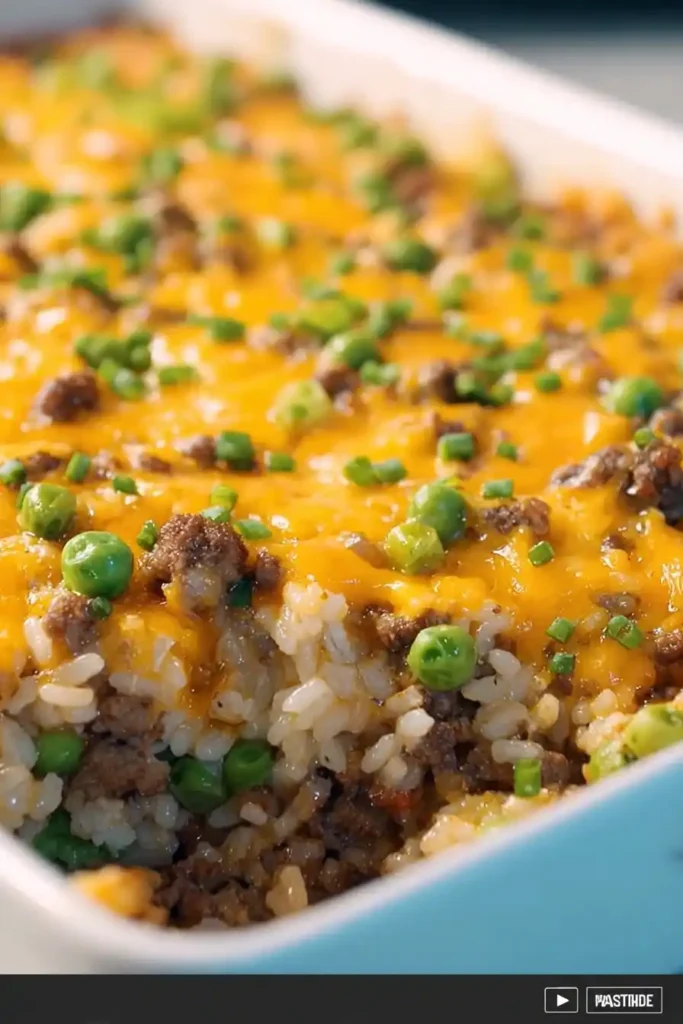 Cheesy Ranch Ground Beef and Rice Casserole topped with melted cheddar and peas