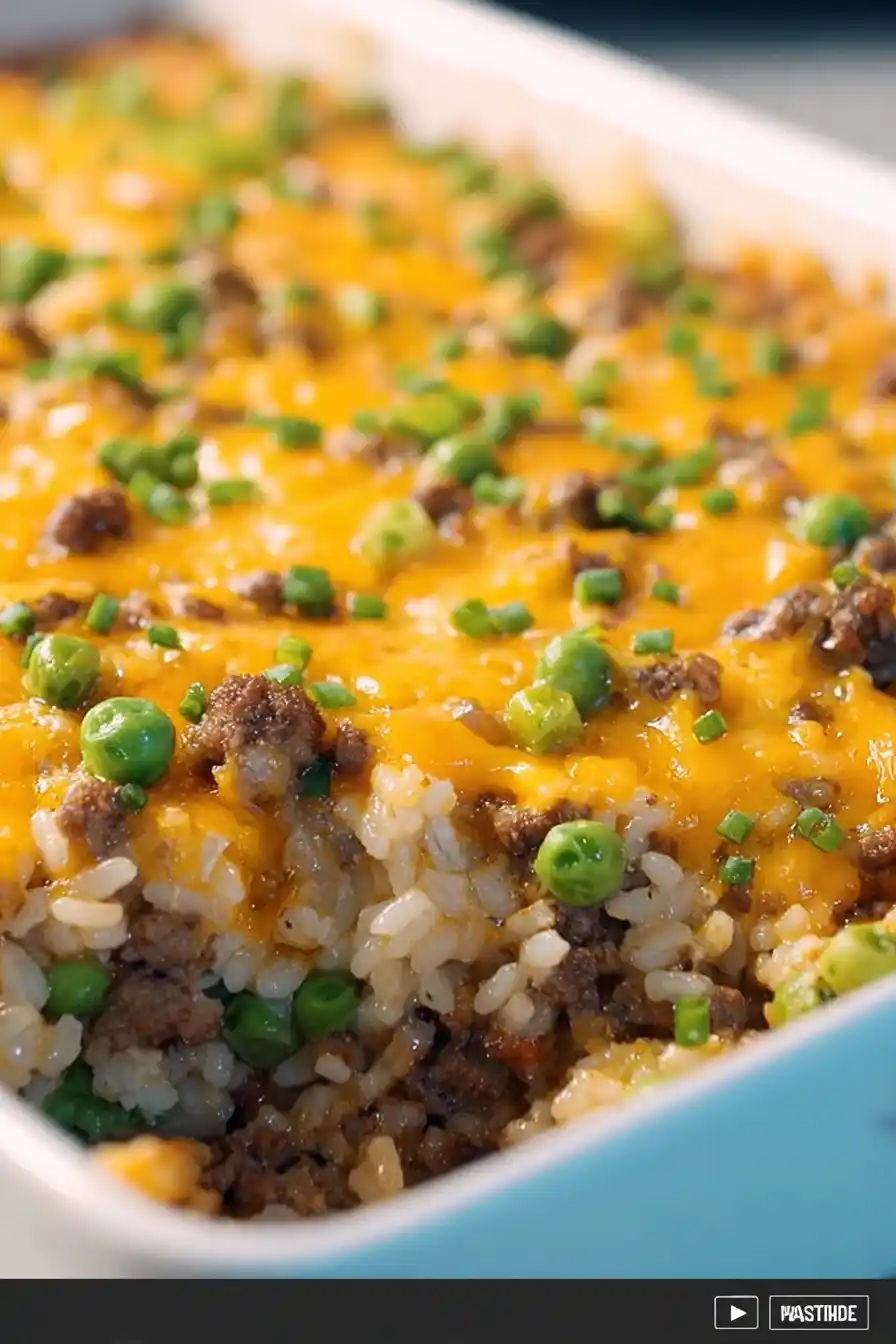 Cheesy Ranch Ground Beef and Rice Casserole topped with melted cheddar and peas